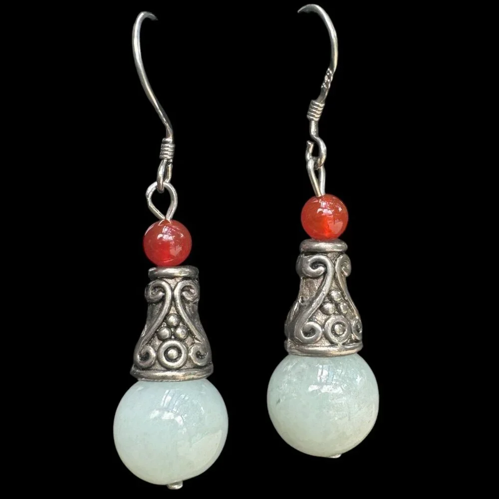 Vintage 925 Sterling Silver Dangle Earrings With Carnelian & Jade Beads Morocco - Picture 5 of 12